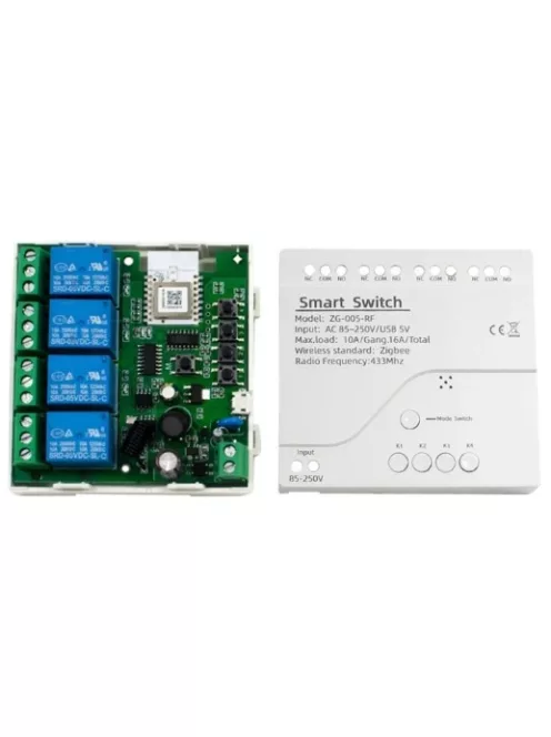 4 csatornás Smart Zigbee relé, Bluetooth vezérlés, 85–250V, fehér, méretek: 81×76×28 mm